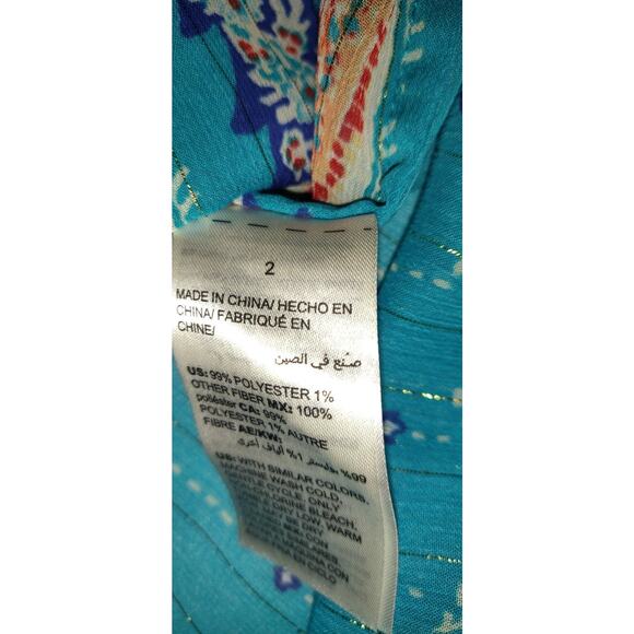 Chicos Caftan Sheer Top Womens Large Turquoise Beaded Boho Flowy Hi Low Shimmery - Picture 9 of 16